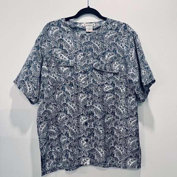 Vintage 100% Silk 80s Oversized Flowy Blue and White Paisley Button Down Blouse - Picture 2 of 6